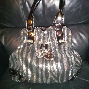 Women's Black/Gold Glittery Zebra Print Shoulder Bag Tote
